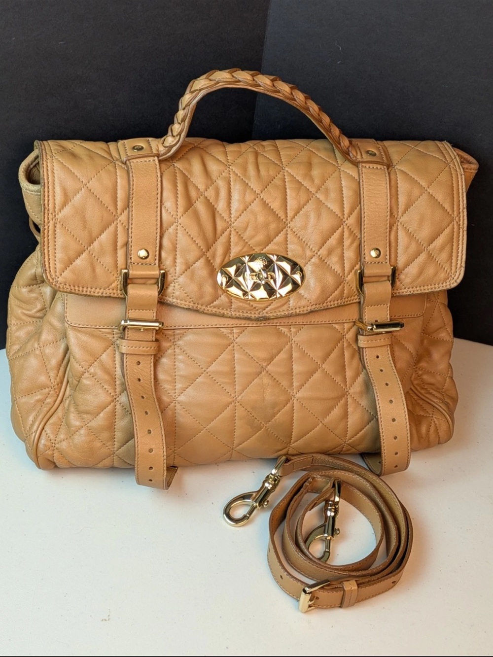 Mulberry Quilted Tan Leather Top-Handle Satchel with Gold Hardware
